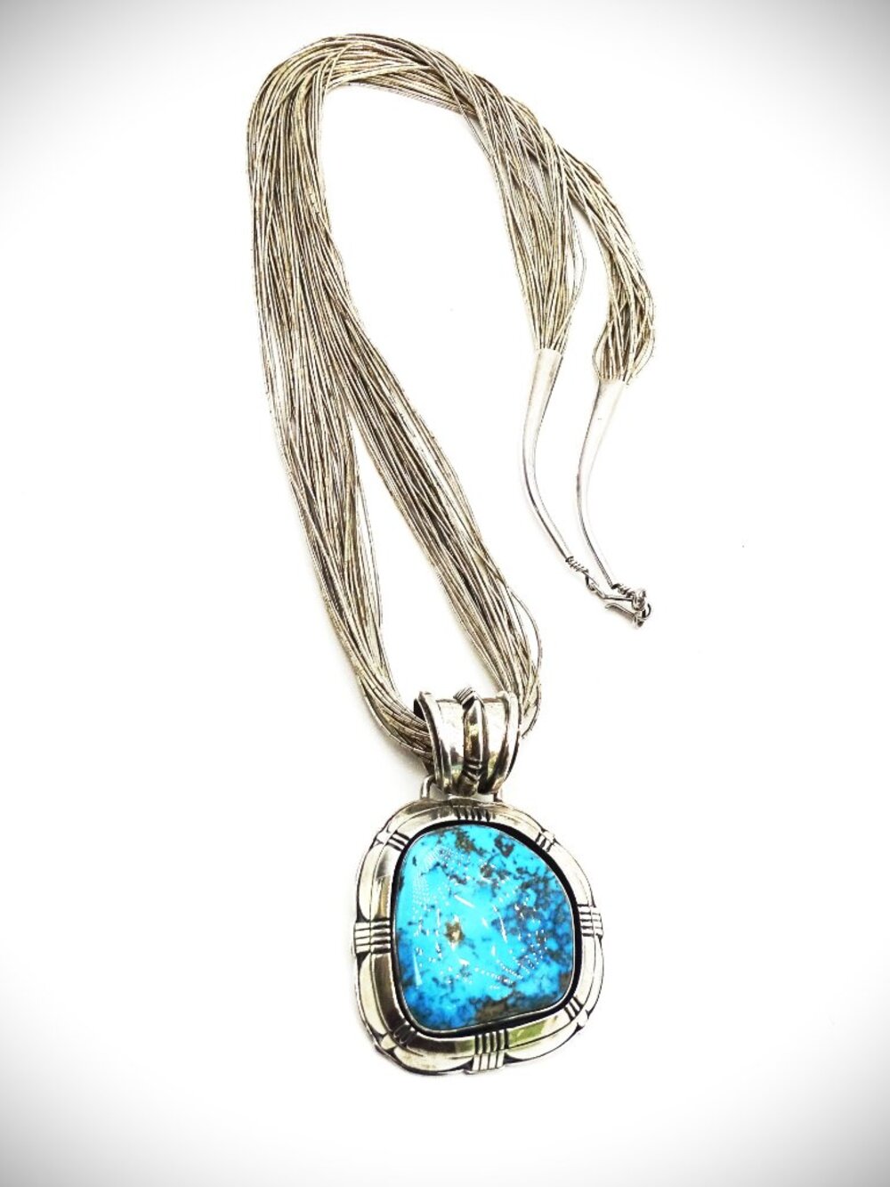 JOHNNY WATSON Sterling Silver Kingman Turquoise Pendant & Liqued Silver Necklace - Picture 3 of 10